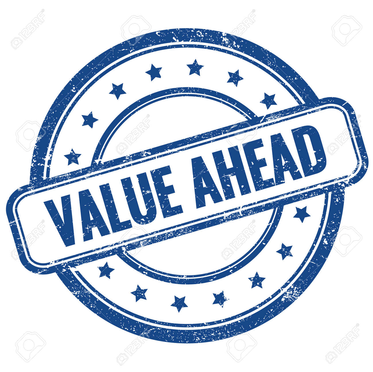 VALUE AHEAD text on blue vintage grungy round rubber stamp. - 169909205 VALUE AHEAD text on blue vintage grungy round rubber stamp. - 169909205
