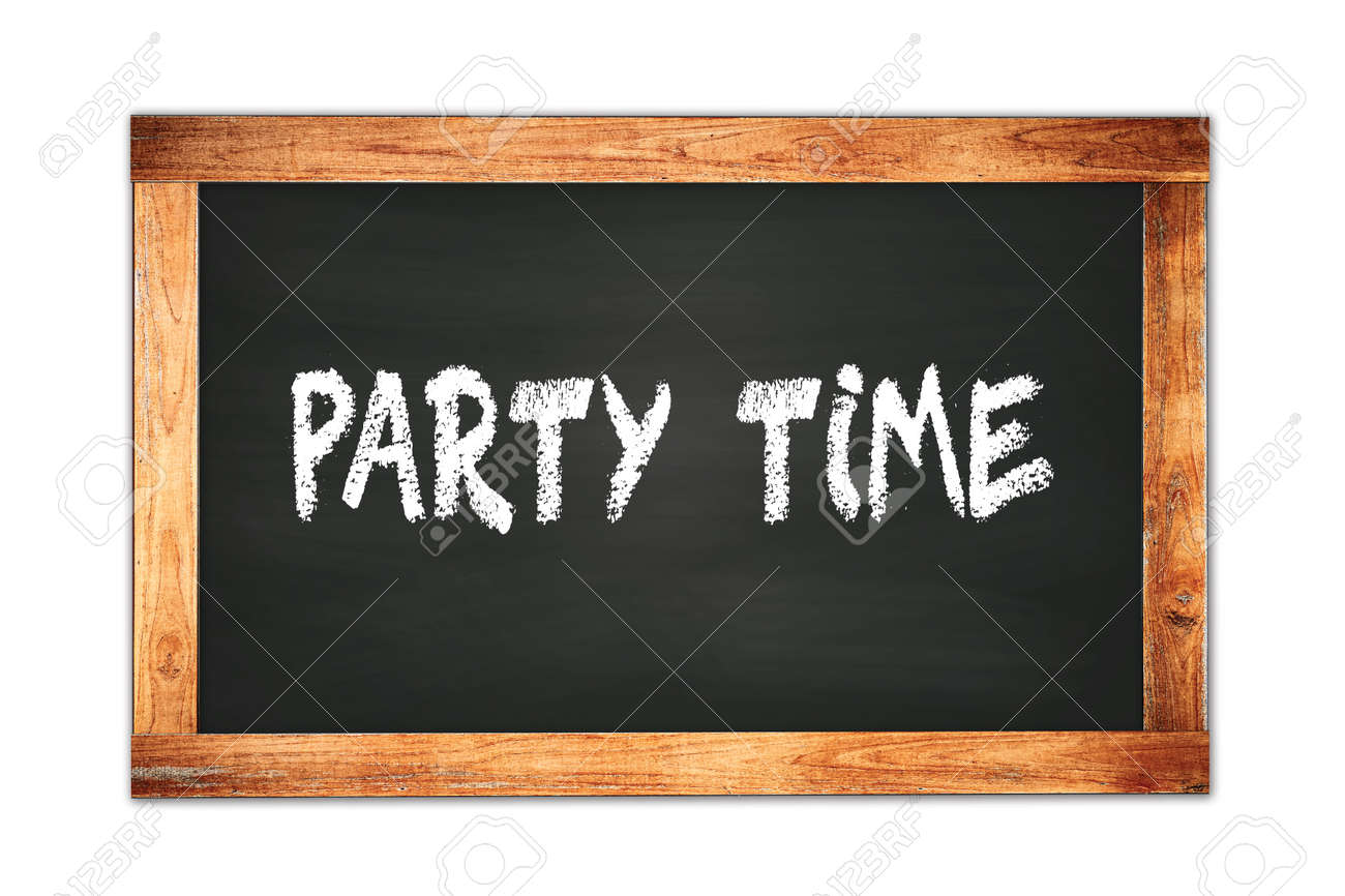 PARTY TIME text written on black wooden frame school blackboard. - 169909341 PARTY TIME text written on black wooden frame school blackboard. - 169909341