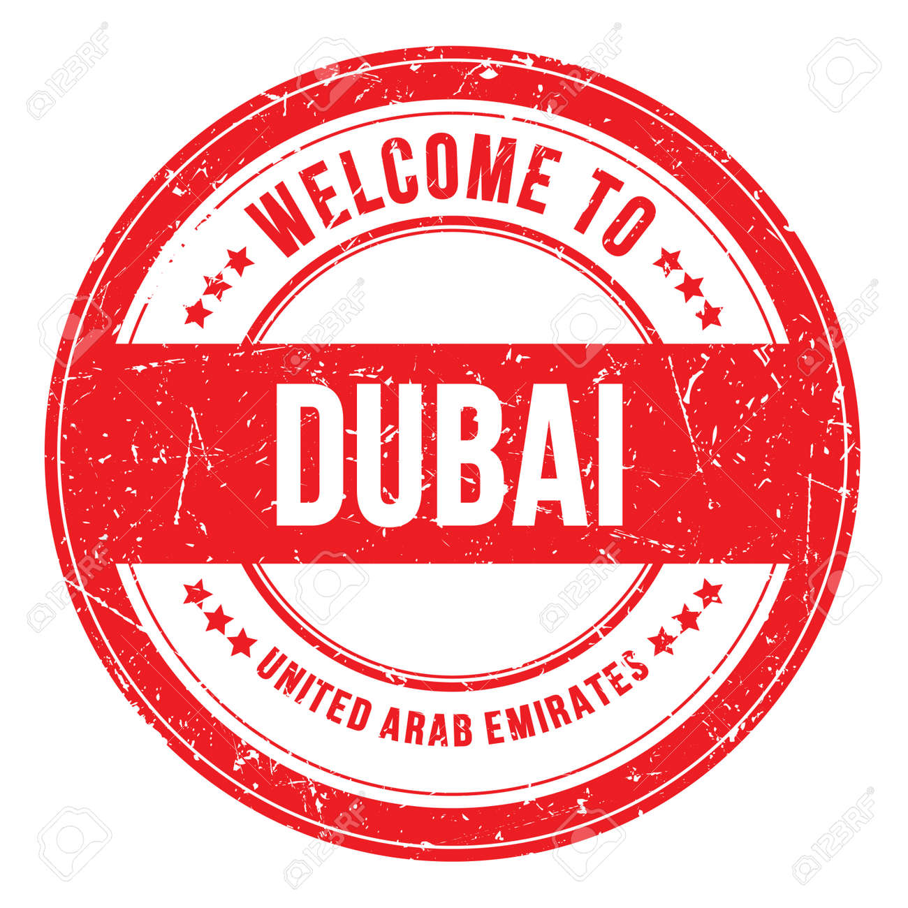 ドバイへようこそ-アラブ首長国連邦、赤い丸いコインスタンプに書かれた言葉の写真素材・画像素材 Image 172915118