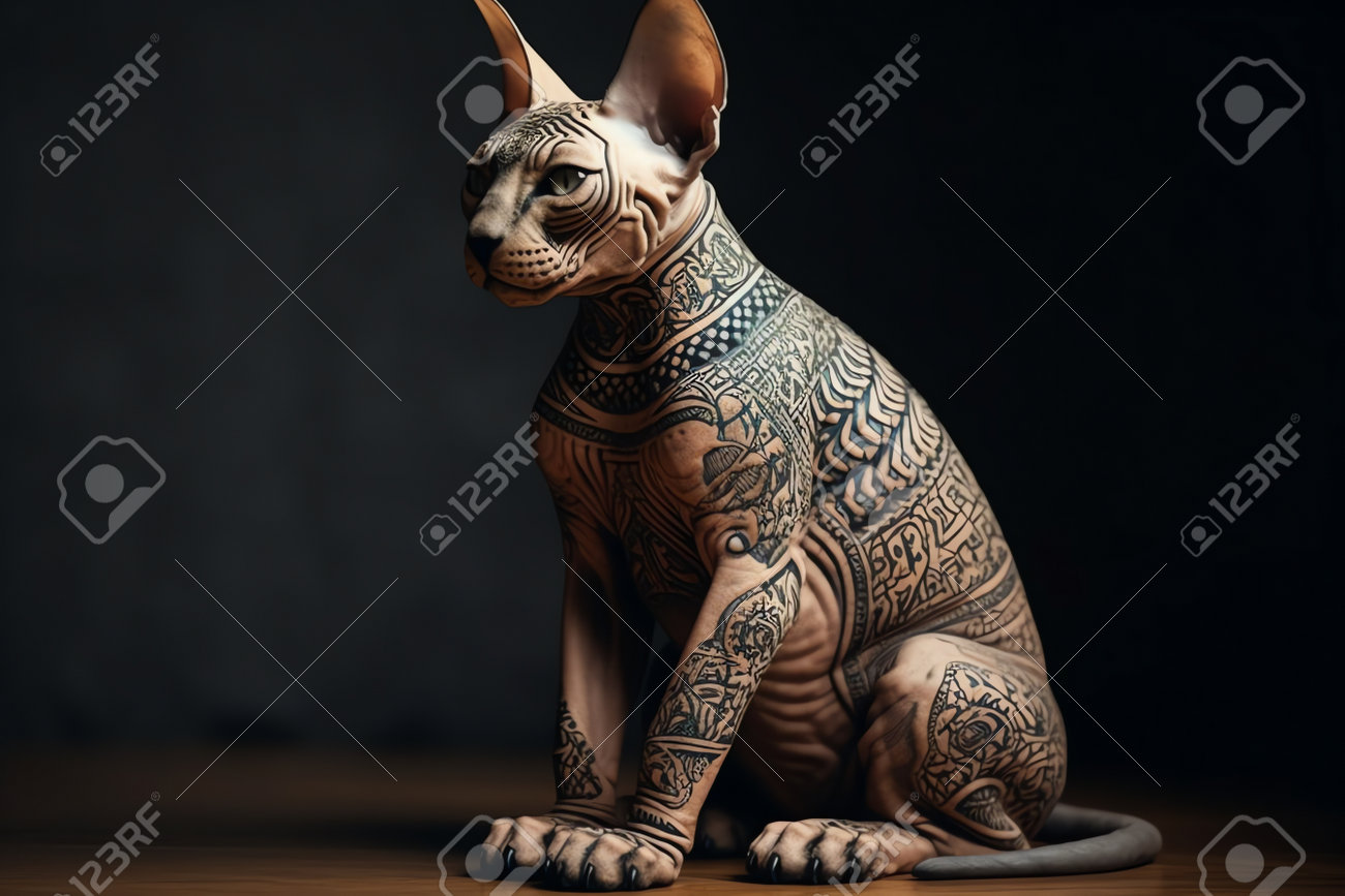 体にタトゥーを入れたスフィンクス猫のポートレート。の写真素材・画像