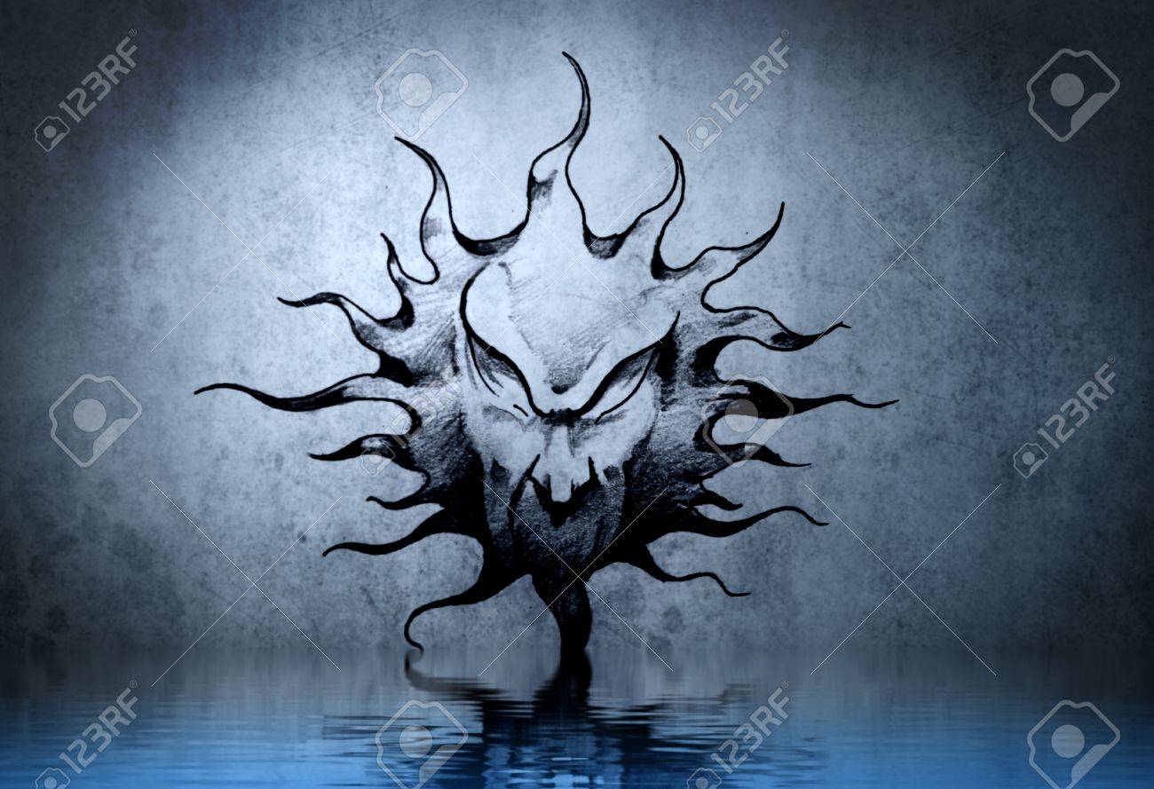 Dark Sun Tattoo Mit Wasser Reflexion. Illustration Design über Blaue ... Dark Sun Tattoo Mit Wasser Reflexion. Illustration Design über Blaue ...