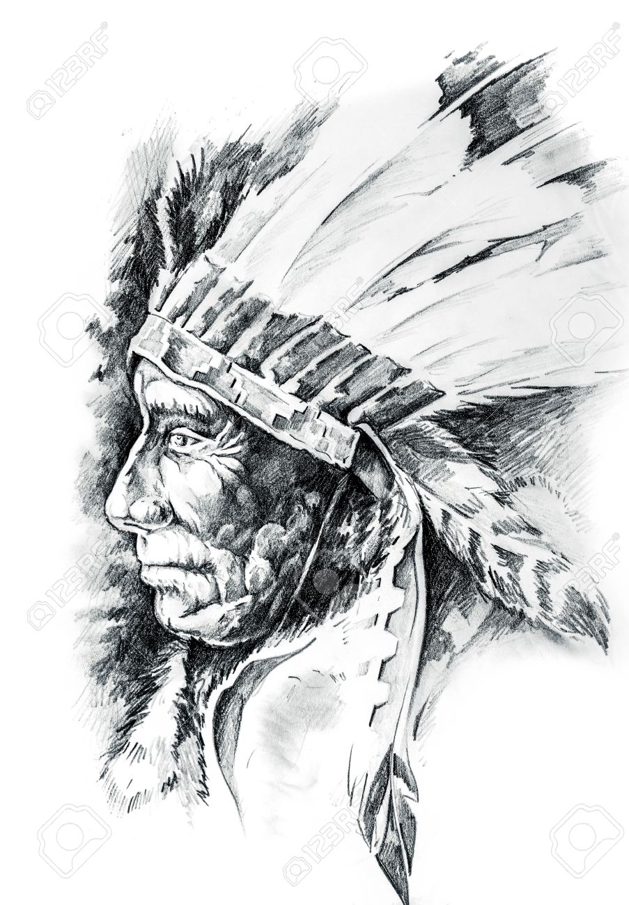 スケッチ タトゥー アート ネイティブ アメリカン インディアン ヘッド 課長の分離 の写真素材 画像素材 Image