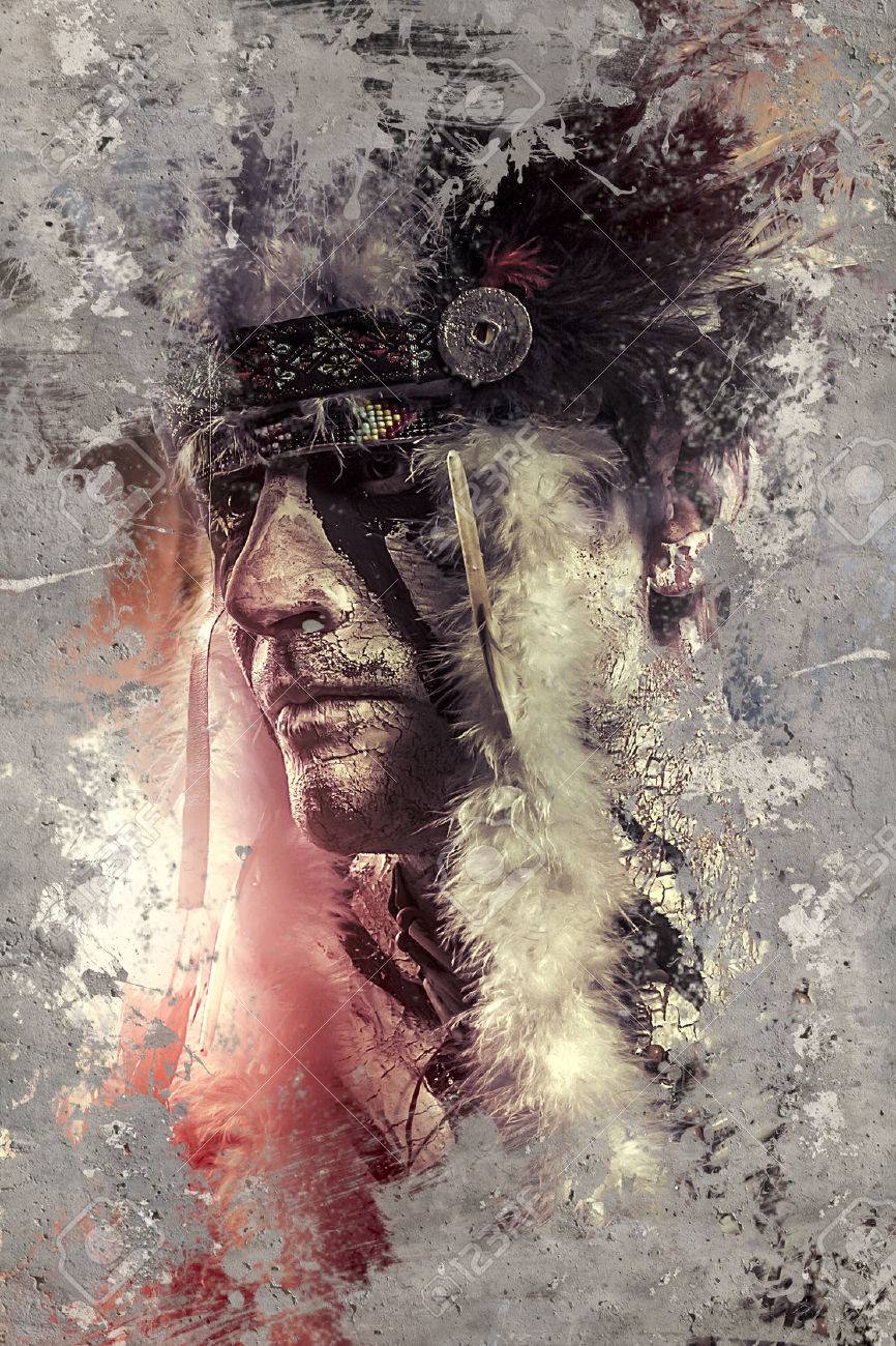 American Indian warrior, chief of the tribe. man with feather headdress and tomahawk - 26846616 American Indian warrior, chief of the tribe. man with feather headdress and tomahawk - 26846616