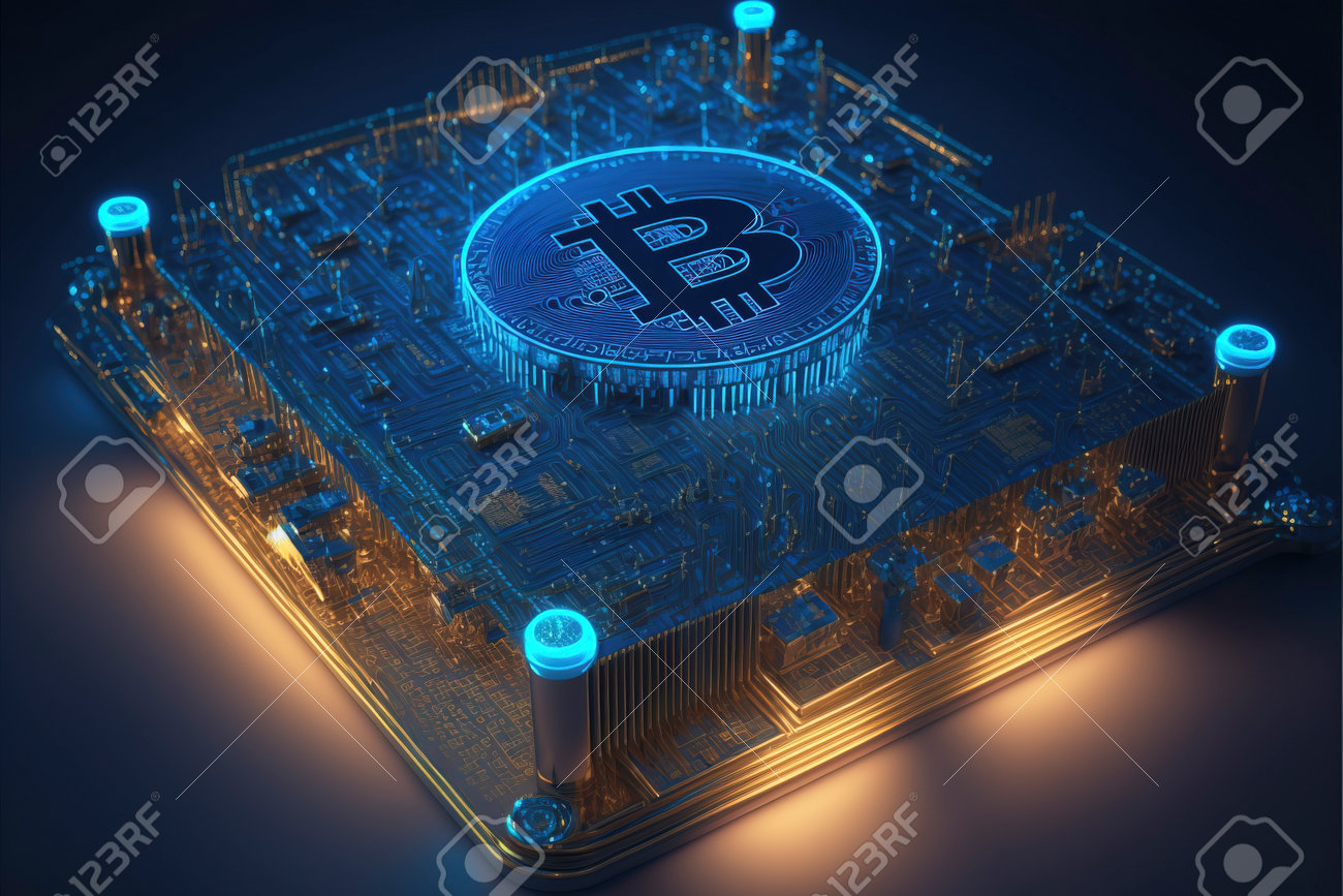 기술 배경 CPU GPU 프로세스 및 생성 AI 기술로 생성된 블록체인 마이닝에 대한 비트코인 암호화 마이닝 개념 암호화폐 로열티 무료  사진, 그림, 이미지 그리고 스톡포토그래피. Image 201326063