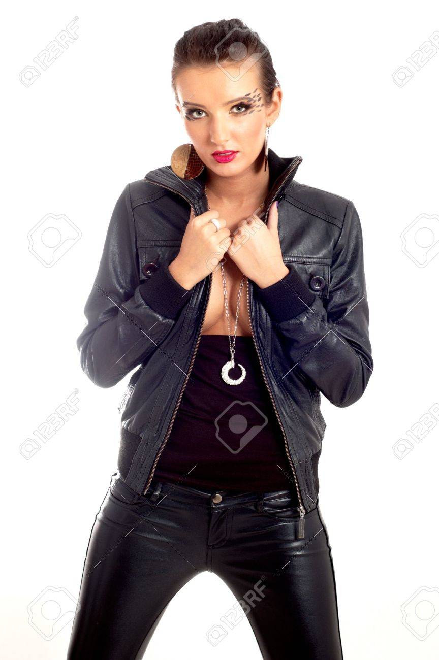 Punk Rock Fashion Girl In Black Leather Clothes Stock Photo