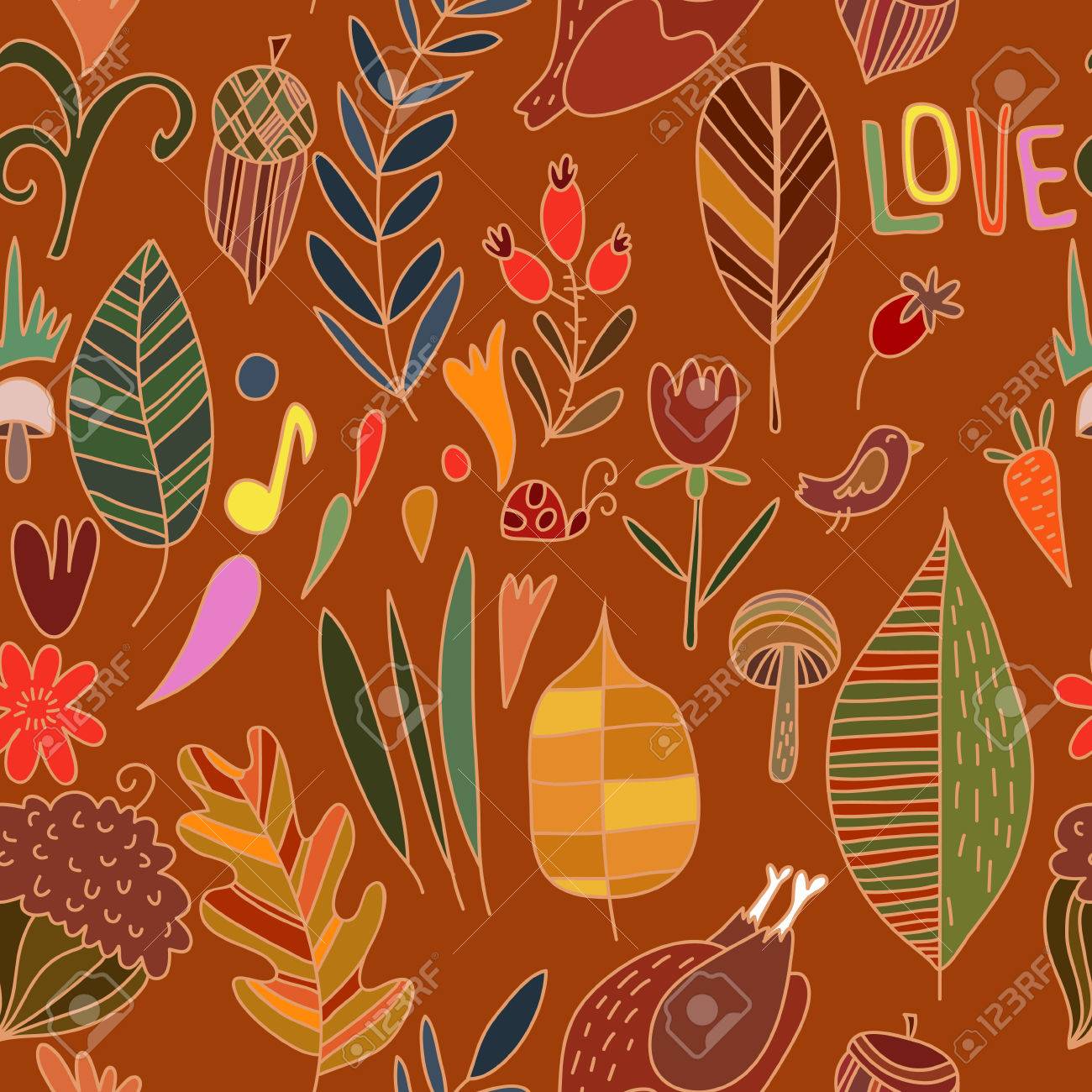 秋のシームレスなパターンと葉 花および堅果 温かみのあるレトロな色でかわいいベクトルの背景 壁紙 パターンの塗りつぶし テクスチャのシームレスなパターンを使用できます のイラスト素材 ベクタ Image