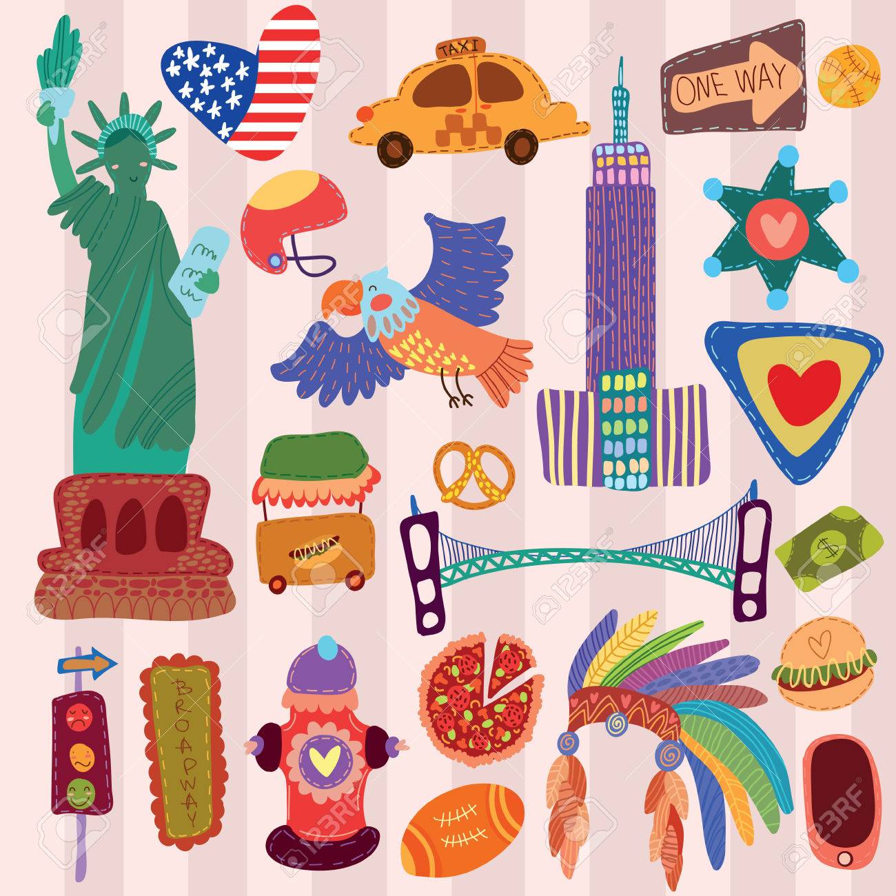 アメリカのかわいいセット 漫画デザイン要素のセット のイラスト素材 ベクタ Image