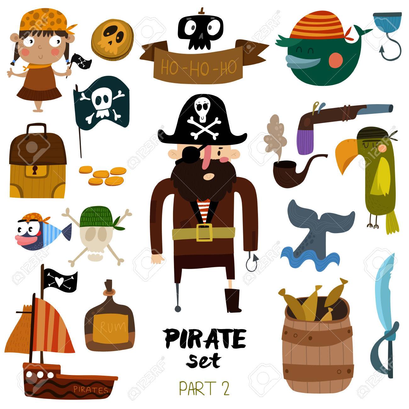 set of pirate items pirate ship skull parrot whale fish