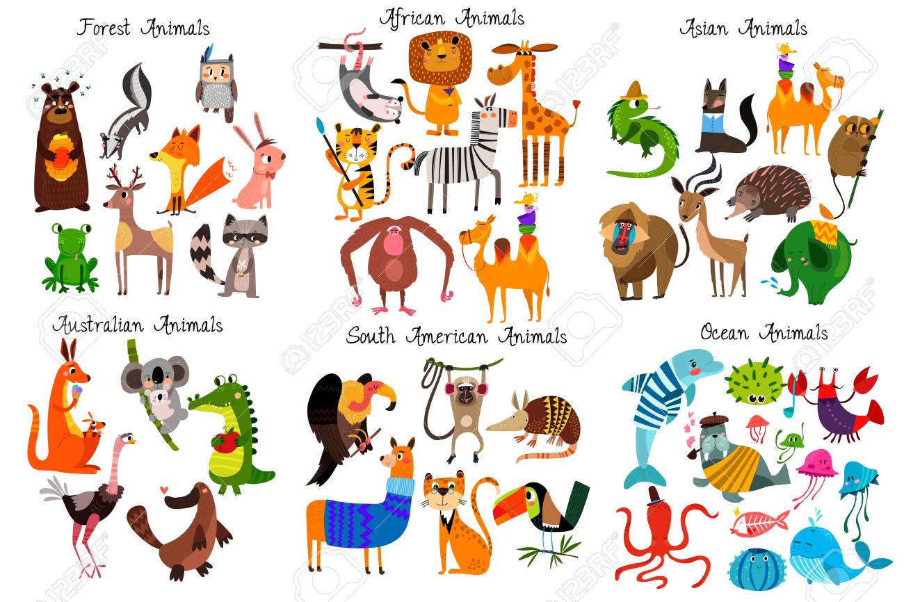 Big collection of cute cartoon animals from different continents: Forest,Australian, African ,South american animals,Ocean animals and Asian animals. Vector illustration isolated on white - 97070800 Big collection of cute cartoon animals from different continents: Forest,Australian, African ,South american animals,Ocean animals and Asian animals. Vector illustration isolated on white - 97070800
