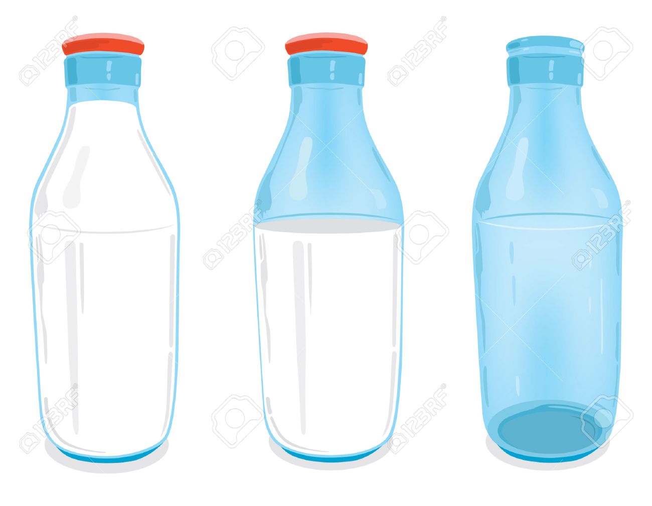 One empty glass milk bottle, one half full glass milk bottle with red bottle cap and one full glass milk bottle with red bottle cap. - 5460811 One empty glass milk bottle, one half full glass milk bottle with red bottle cap and one full glass milk bottle with red bottle cap. - 5460811