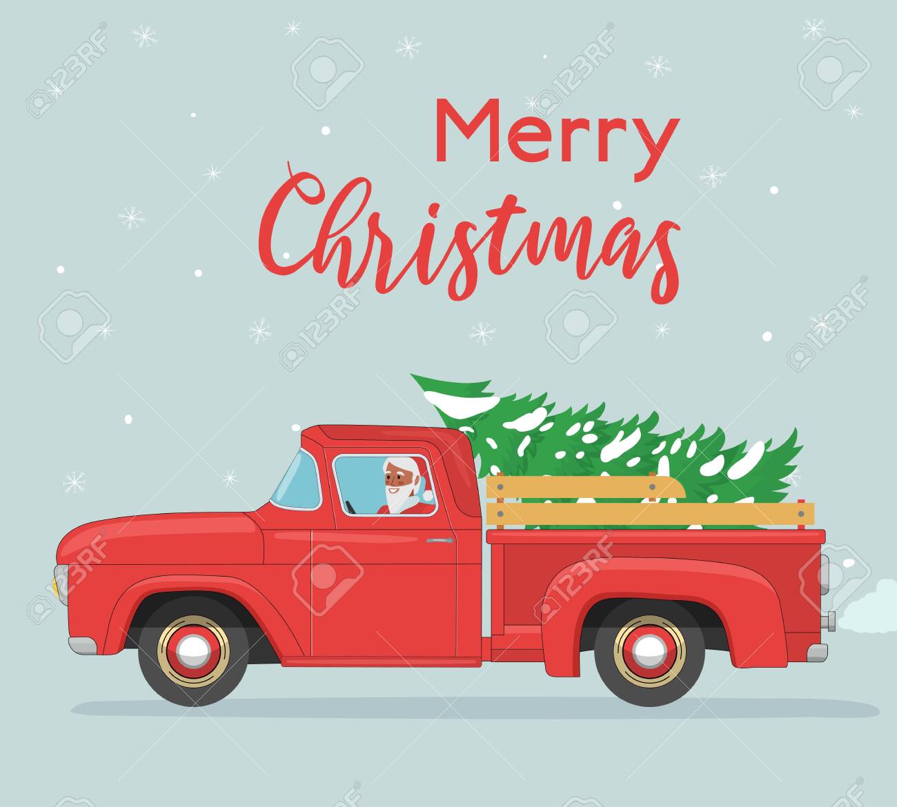 Christmas Card Santa Claus Rides In Old Red Retro Pickup With Royalty Free Cliparts Vectors And Stock Illustration Image 152097603