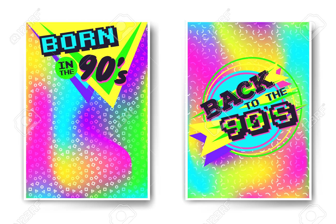 Vector Poster Vorlagen Mit Zurück In Die 90er Jahre Und Zurück In Die 90er Jahre Plakat Vorlage Mit Regenbogen