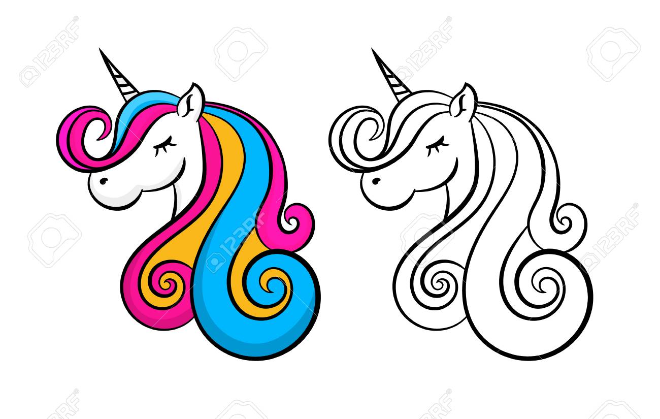 Couleur Belle Licorne Contour Contour Concu Pour Les Enfants Cheveux Roses Jaunes Et Bleus Clip Art Libres De Droits Vecteurs Et Illustration Image