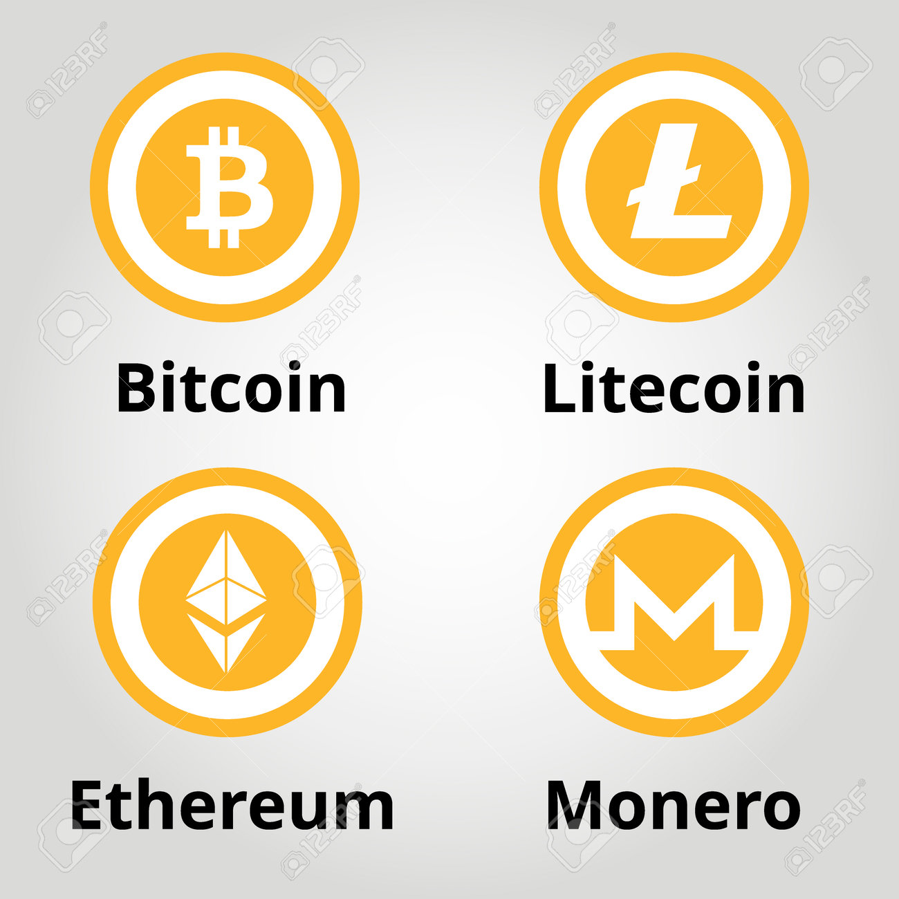 Cryptocurrency Flat Gold Logo Set - Bitcoin, Litecoin, Ethereum, Monero.  Vector Illustration. Royalty Free SVG, Cliparts, Vectors, and Stock  Illustration. Image 98591315.