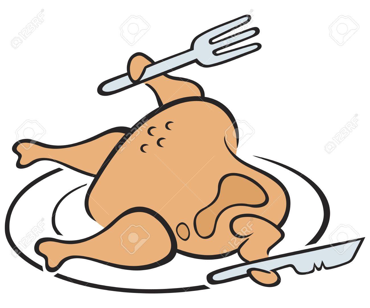 ナイフとフォークでプレートのロースト チキンのイラスト素材 ベクタ Image