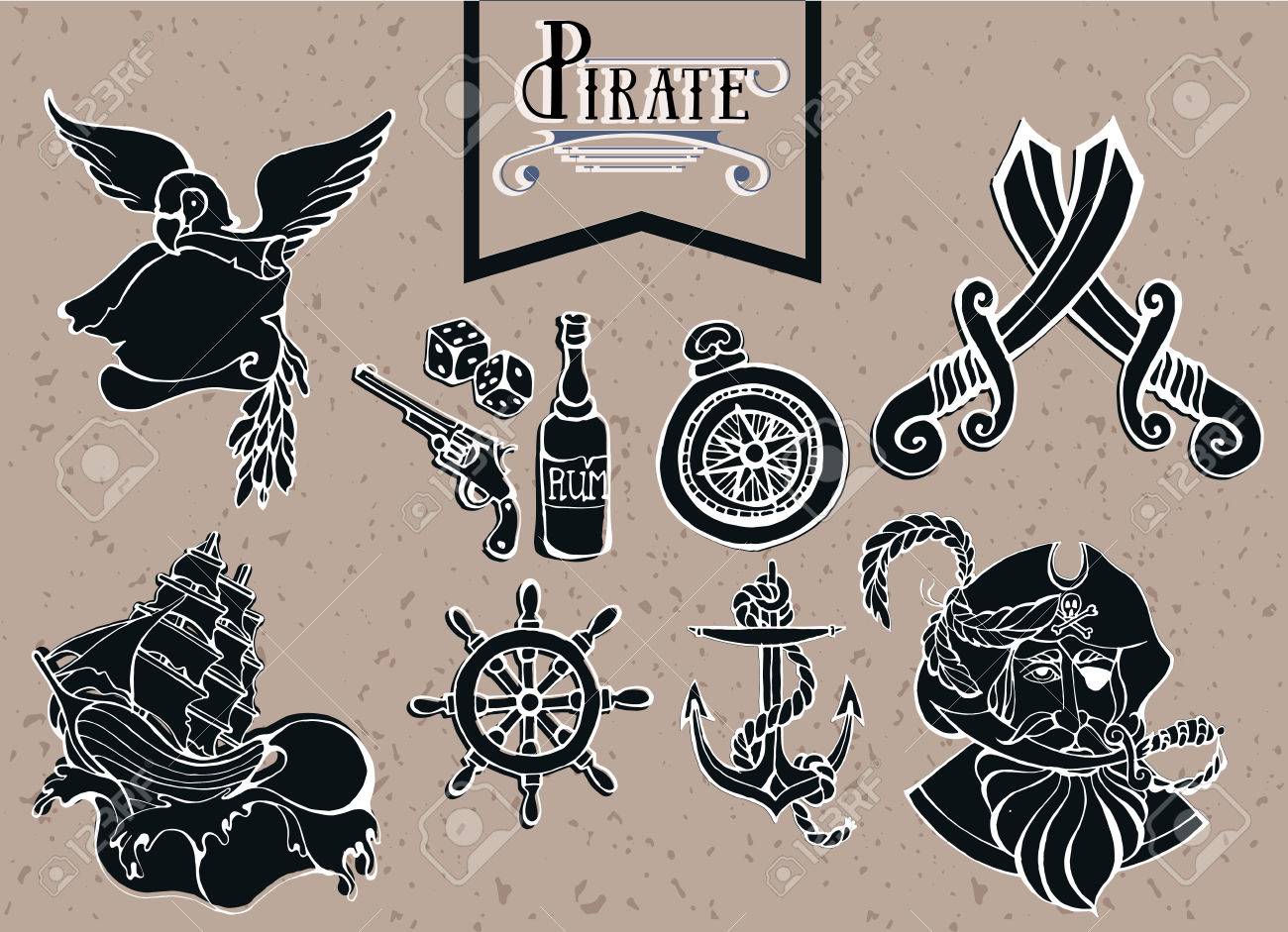 Hand Drawing Icons Set And Silhouette Pirate Adventure Royalty Free Cliparts Vectors And Stock Illustration Image 77480533