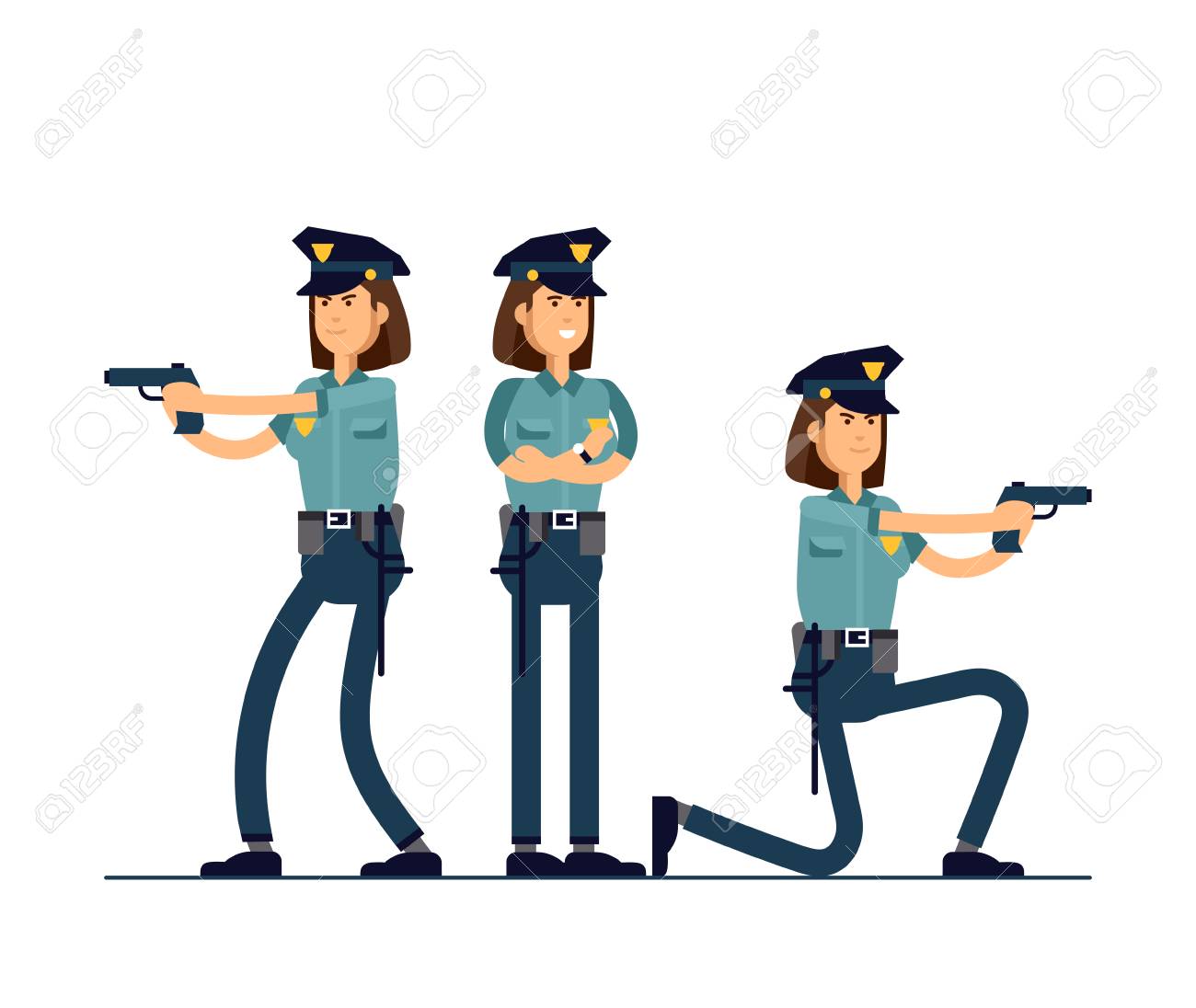 女性警官キャラクターベクトルイラストをセット 制服を着た警官が違うポーズで立っている 公安官のキャラクターの概念は 白い背景に隔離されています の イラスト素材 ベクタ Image
