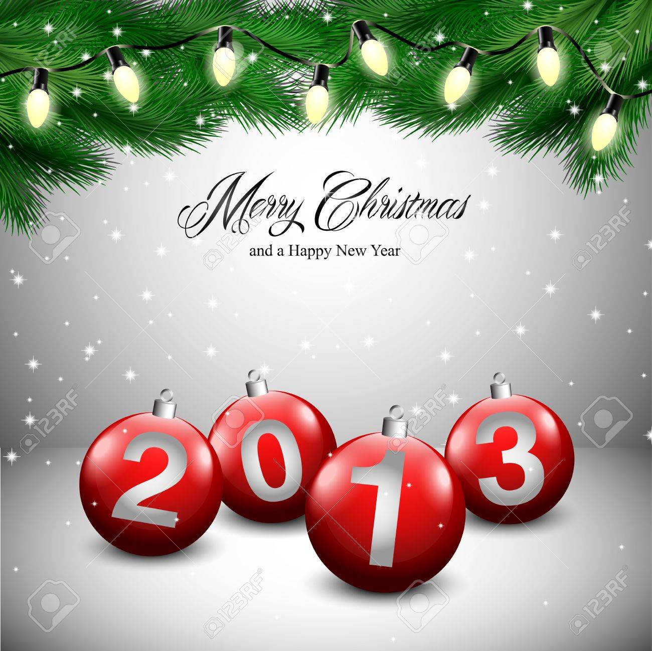 christmas card with ornaments lights and snow white background