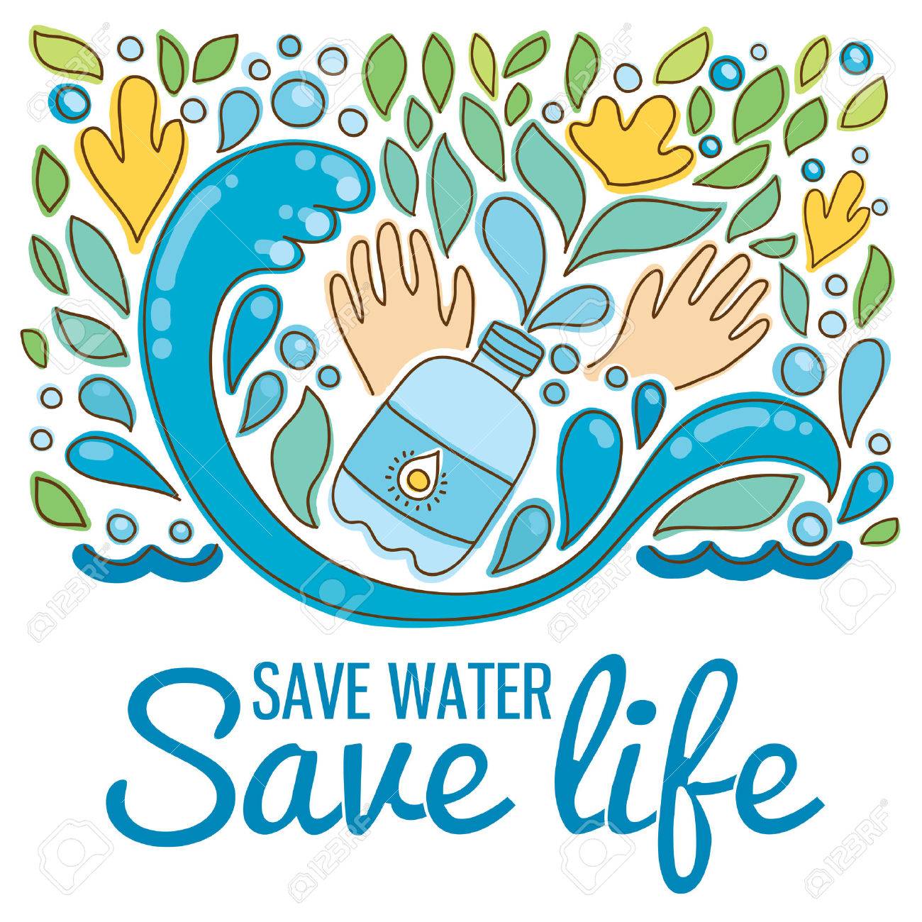 命を救う 水を保存します 波 葉 花 手 手描きを削除します のイラスト素材 ベクタ Image