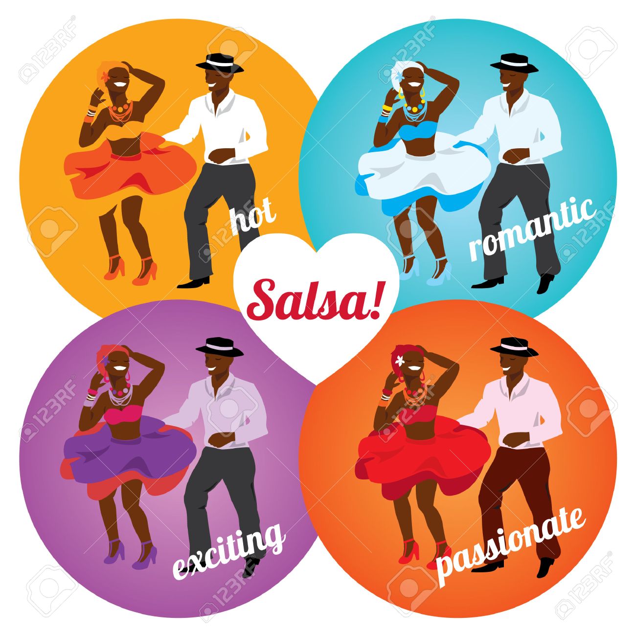 異なる色でキューバのカップルのダンスとサルサ パーティーやダンス スクール ポスター のイラスト素材 ベクタ Image