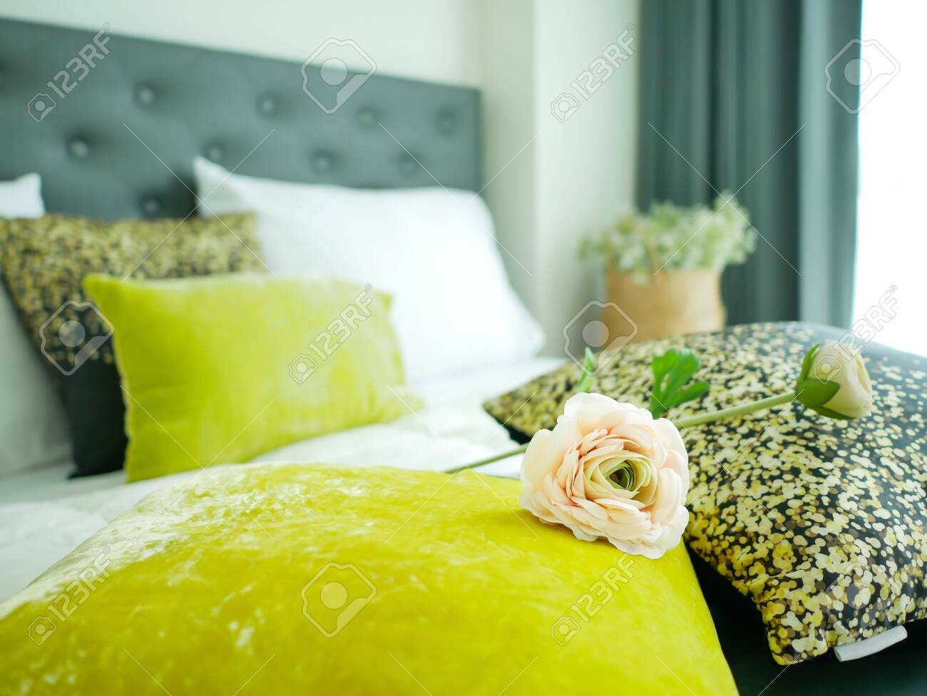 Romantic Bedroom In Blurred Background Closeup Pink Rose And