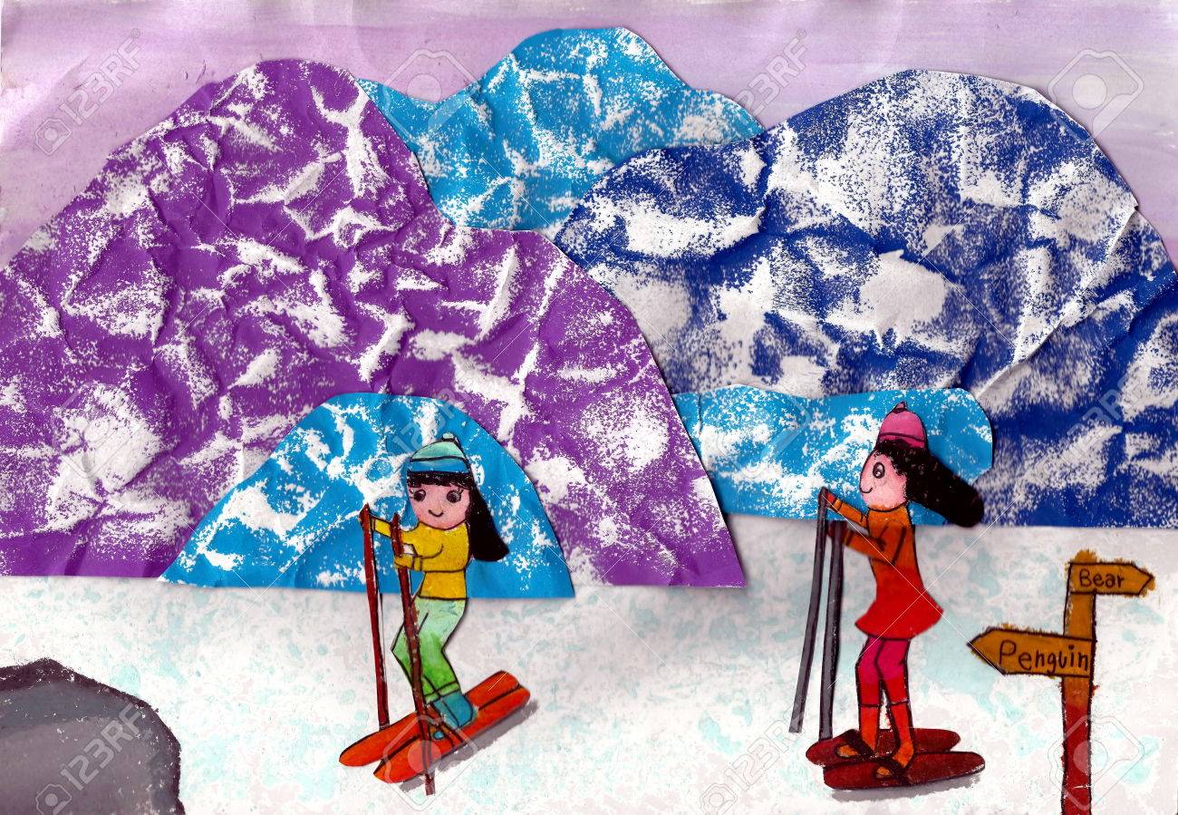 スキー 16 年 1 月 23 日に 7 歳の芸術家によって描かれたテクスチャー印刷技術を使用して子供の絵 の写真素材 画像素材 Image