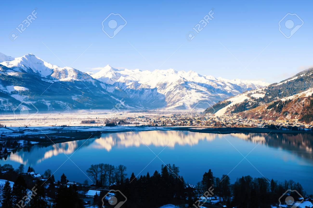 Scenic View On Sunny Mountain Landscape With Winter Lake In Zell Am See,  Austria Stock Photo, Picture and Royalty Free Image. Image 97312949., image size:1300x866