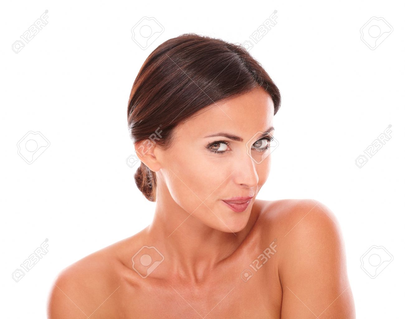 Front View Portrait Of Pretty Female With Brown Eyes Smiling