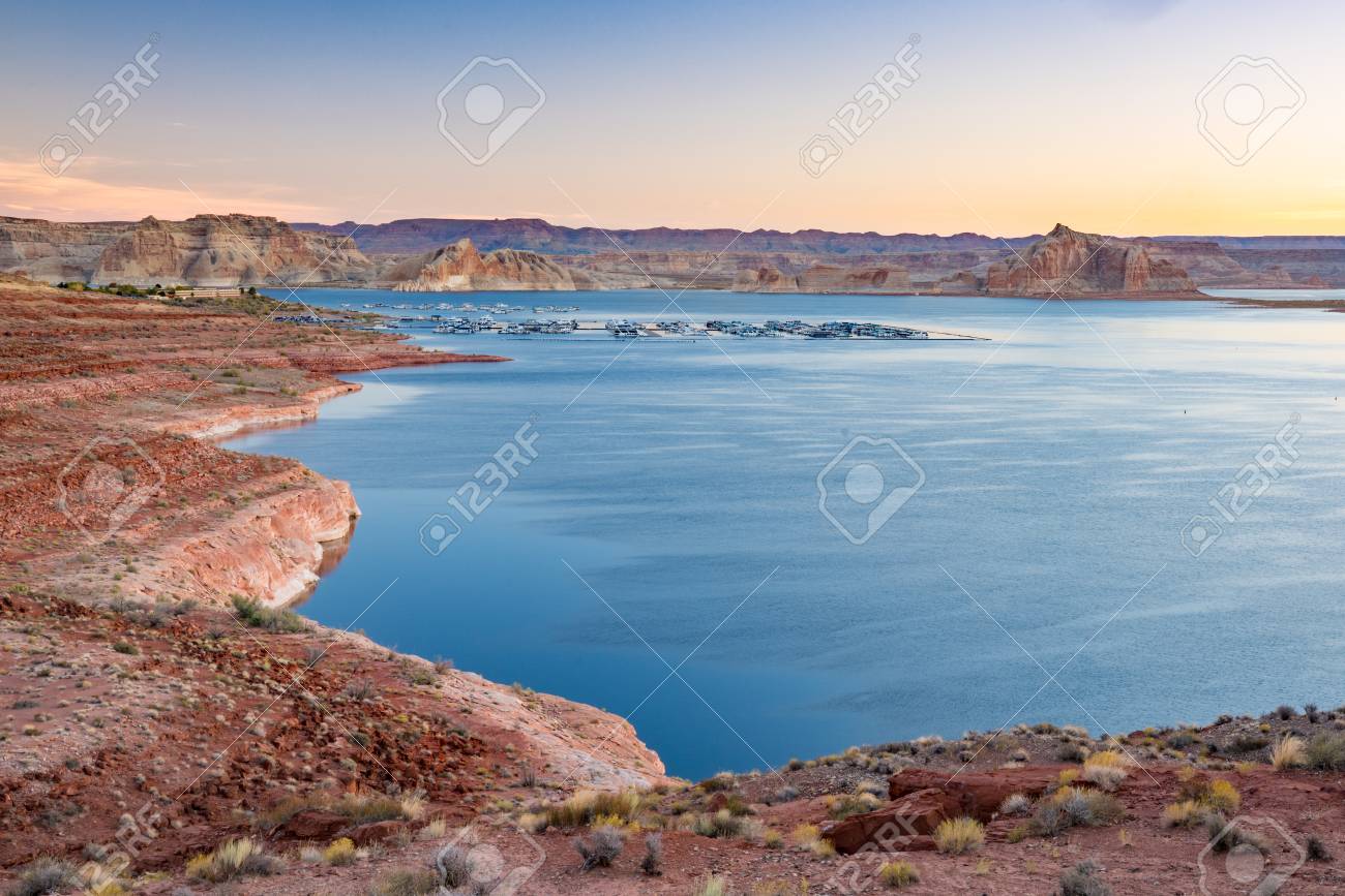 Sunrise Near Wahweap Marina On Lake Powell In Page Arizona Lake Powell Is Part Of The Glen Canyon National Recreation Area Formed By The Glen Canyon Dam Along The Colorado River Stock