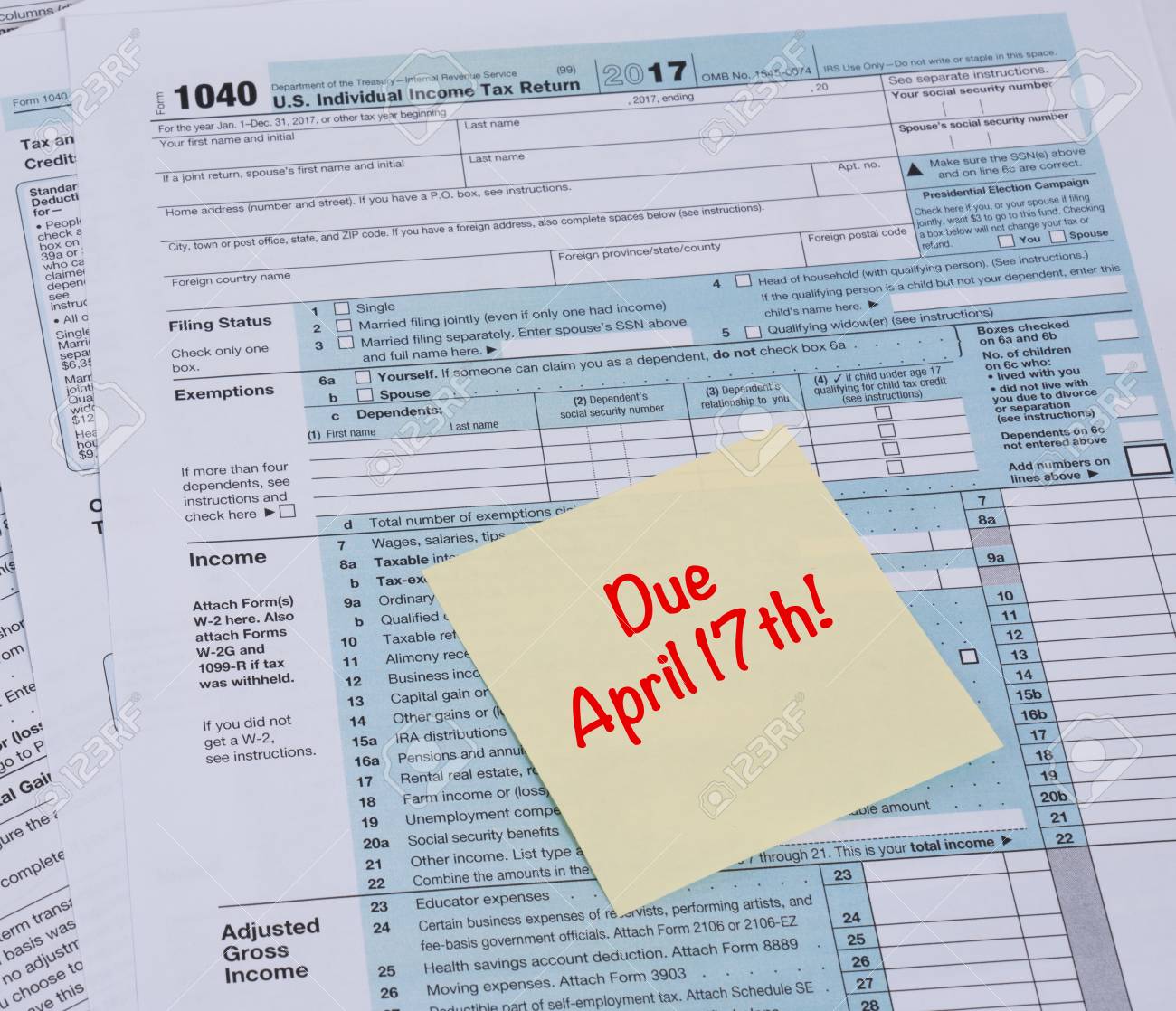 Irs 1040 Tax Form With Reminder For Taxes Due On April 17th Stock Photo Picture And Royalty Free Image Image