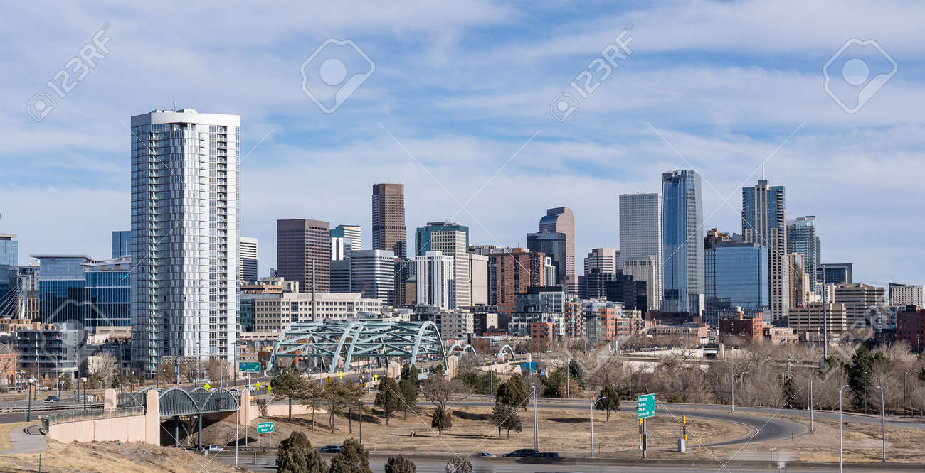 City skyline of Denver, Colorado along the South Platte River near the Speer Blvd bridge - 170692498 City skyline of Denver, Colorado along the South Platte River near the Speer Blvd bridge - 170692498