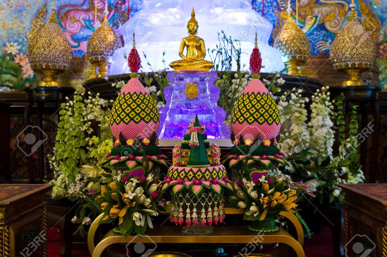 Bangkok March 5 Set Of Altar Table Arrangement Follows The Belief Stock Photo