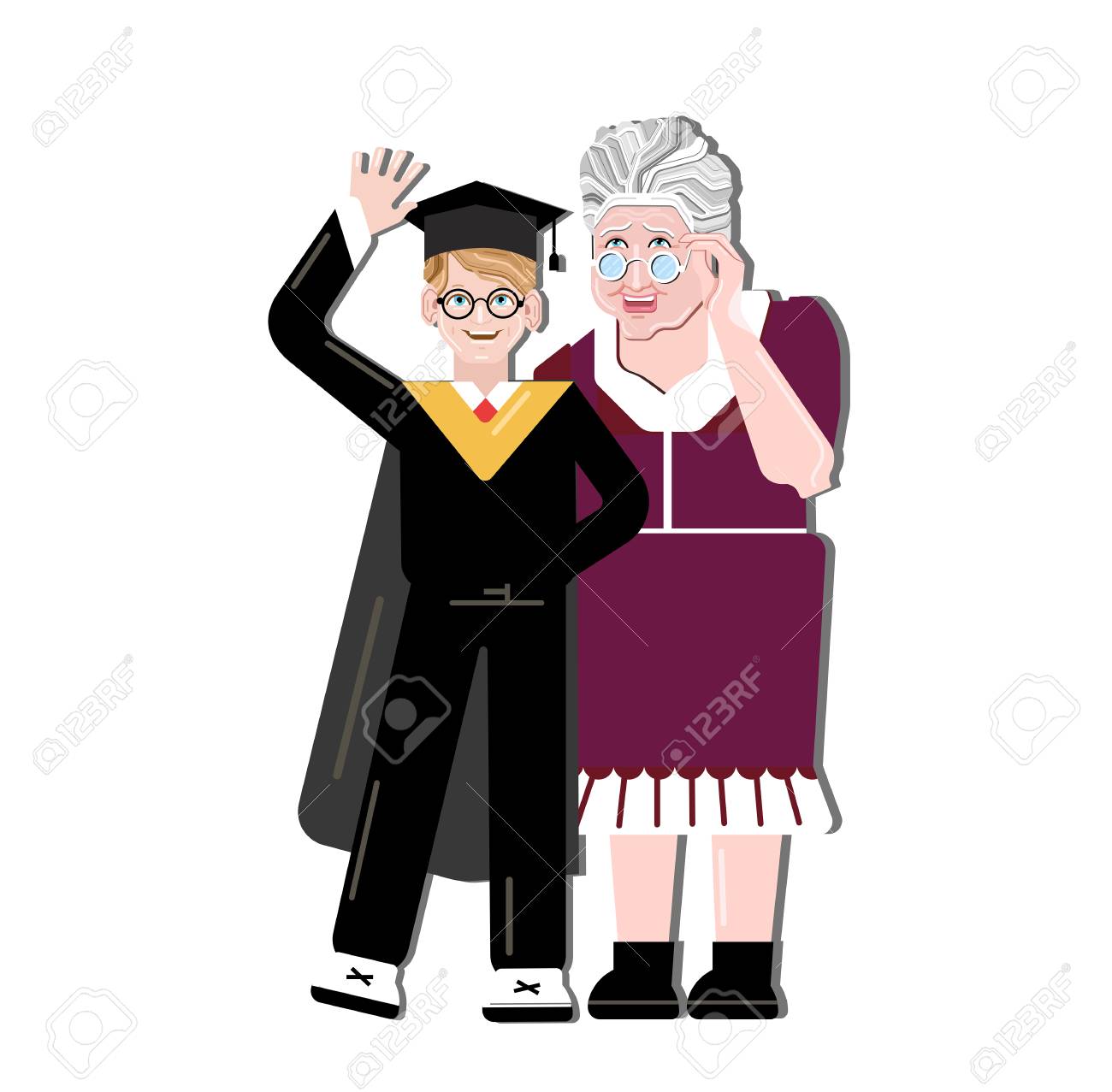 Großmutter glücklich für Enkel. Kleiner Junge, der auf Oma-Schultern steht. Generationen und Familienliebe und Glück. Akademische Kappen oder Großmutter glücklich für Enkel. Kleiner Junge, der auf Oma-Schultern steht. Generationen und Familienliebe und Glück. Akademische Kappen oder