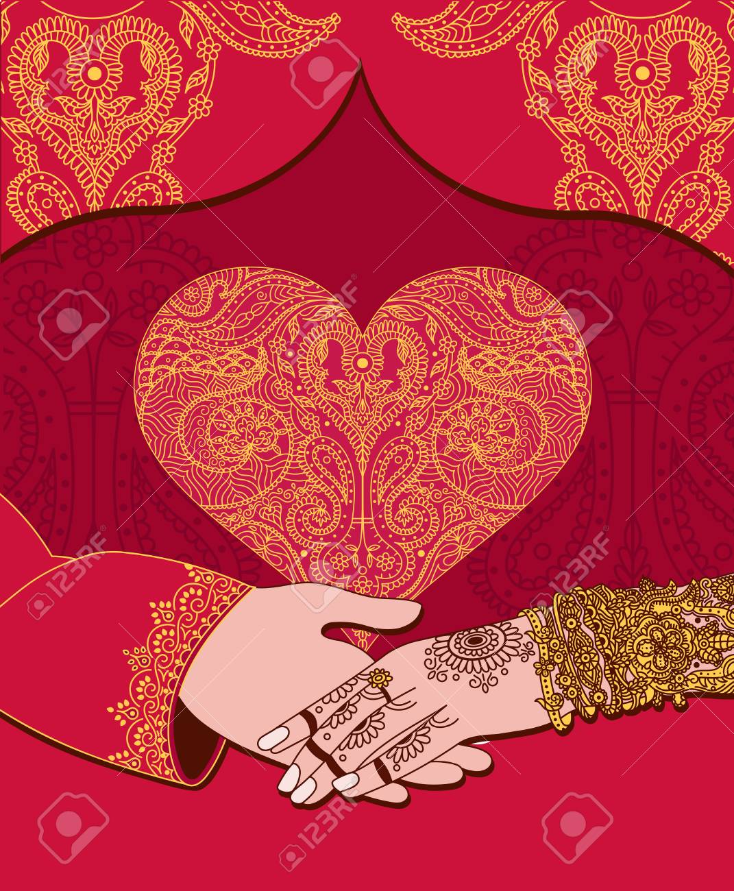 Wedding indian invitation card with golden heart. India marriage template.Beautifully decorated Indian bride hand.Close-up of groom holding brides hand.Indian bride with mehandi in hand in vector - 92406694 Wedding indian invitation card with golden heart. India marriage template.Beautifully decorated Indian bride hand.Close-up of groom holding brides hand.Indian bride with mehandi in hand in vector - 92406694