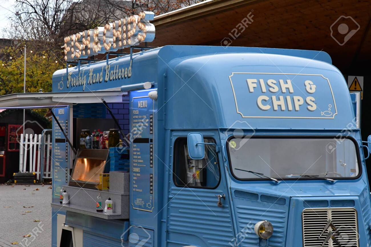 London England December 23 2017 A Fish And Chips Food Truck Stock Photo Picture And Royalty Free Image Image 121894008