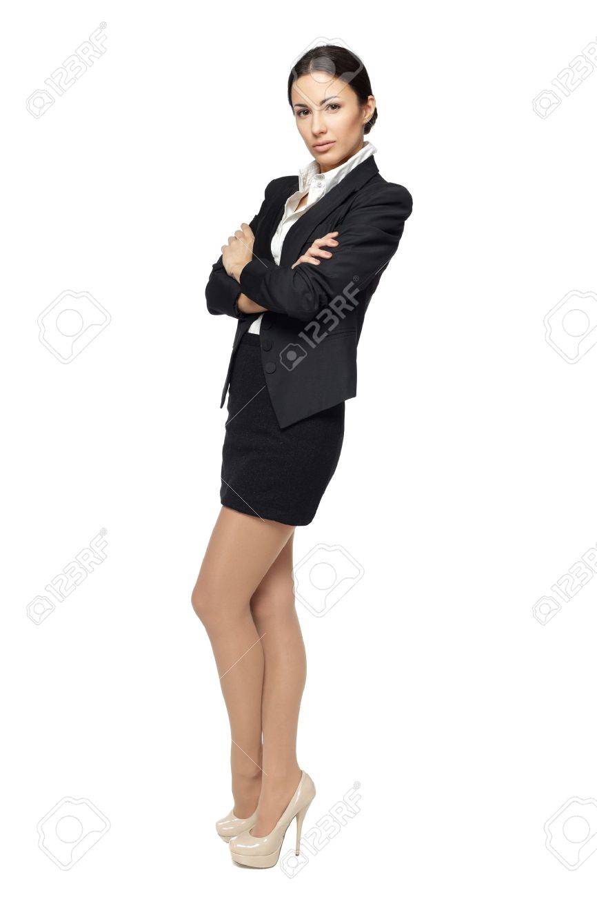 business woman standing in full length with folded hands isolated