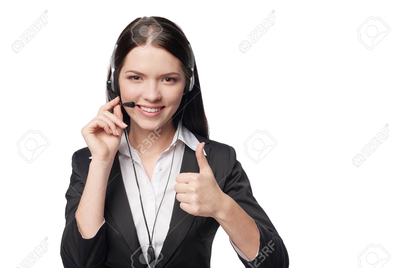 Closeup of happy smiling attractive woman with headphone showing approving sign, isolated against white background - 54034225 Closeup of happy smiling attractive woman with headphone showing approving sign, isolated against white background - 54034225