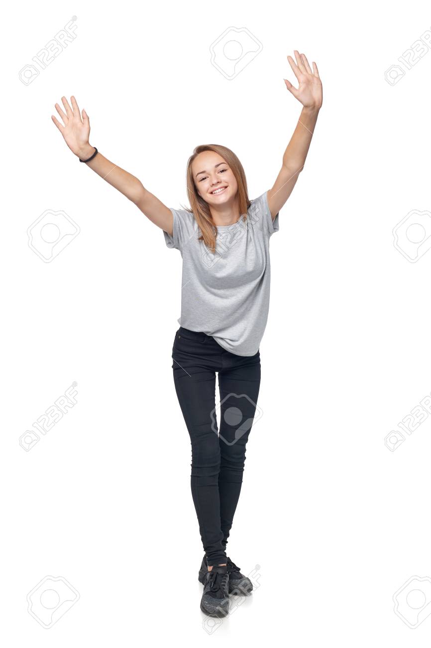 Happy Teen Girl In Full Length With Hands Outstretched Raised Stock Photo Picture And Royalty Free Image Image