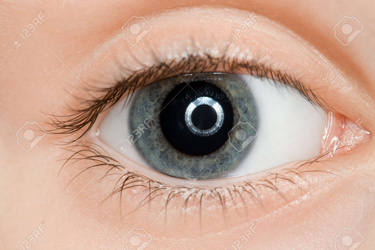 Right Blue Eye Of Child With Long Eyelashes Close Up Stock Photo
