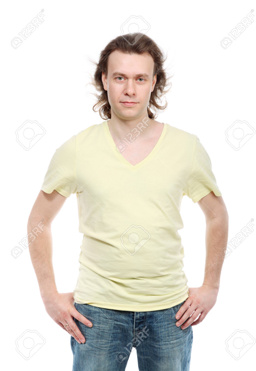Portrait Of Serious Adult Man In Shirt And Jeans Which Putting Stock Photo Picture And Royalty Free Image Image