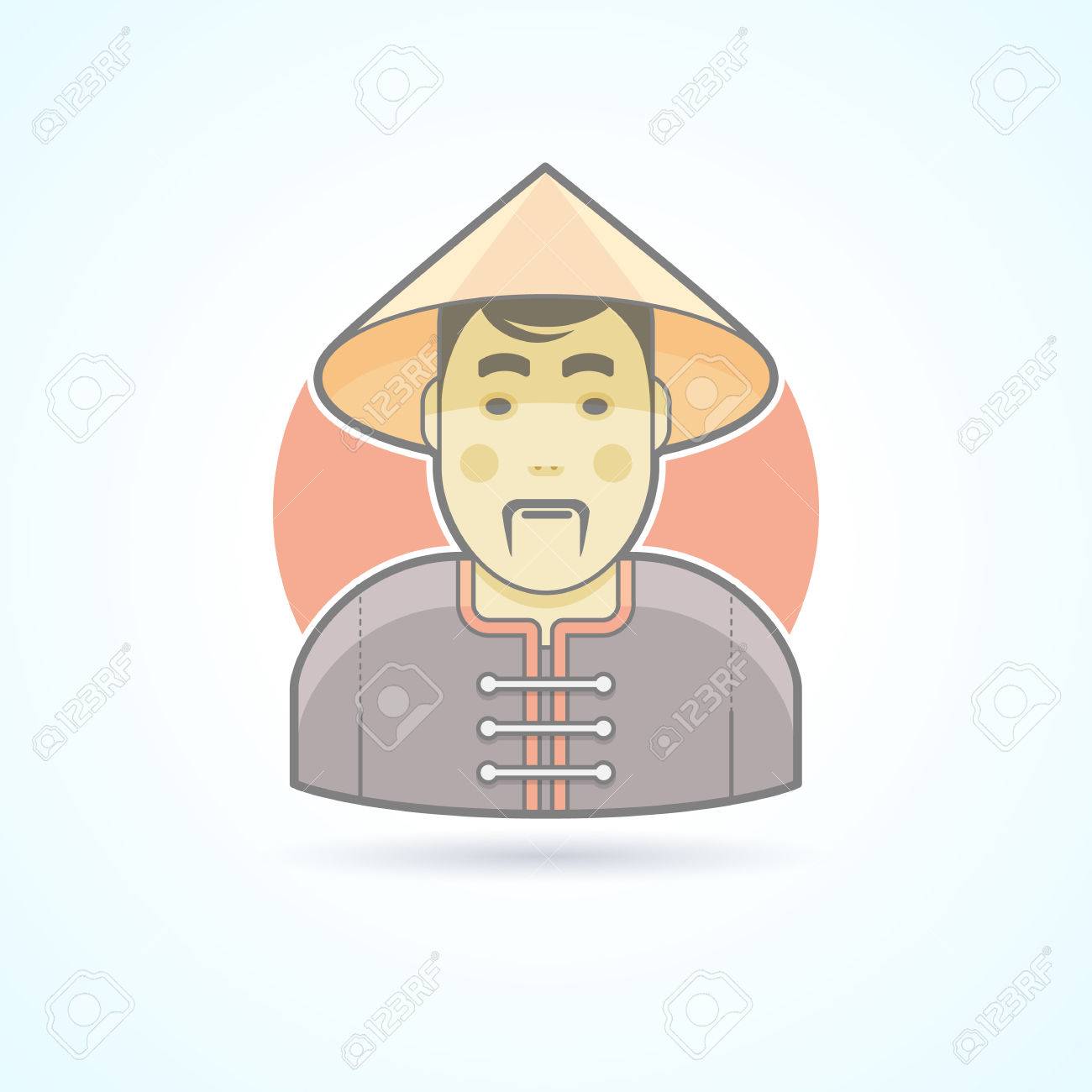 伝統的な閉じるアイコンで中国人の男 アバターと人のイラスト フラット色のスタイルを説明しました のイラスト素材 ベクタ Image