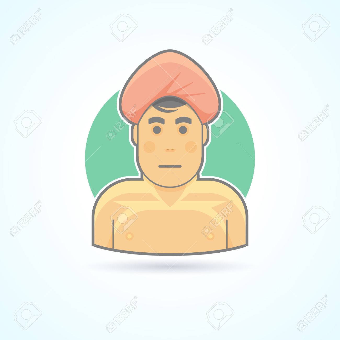 インド 伝統的な東部ターバン ヨギ アイコンのヒンドゥスターニー語の男 アバターと人のイラスト フラット色のスタイルを説明しました のイラスト素材 ベクタ Image