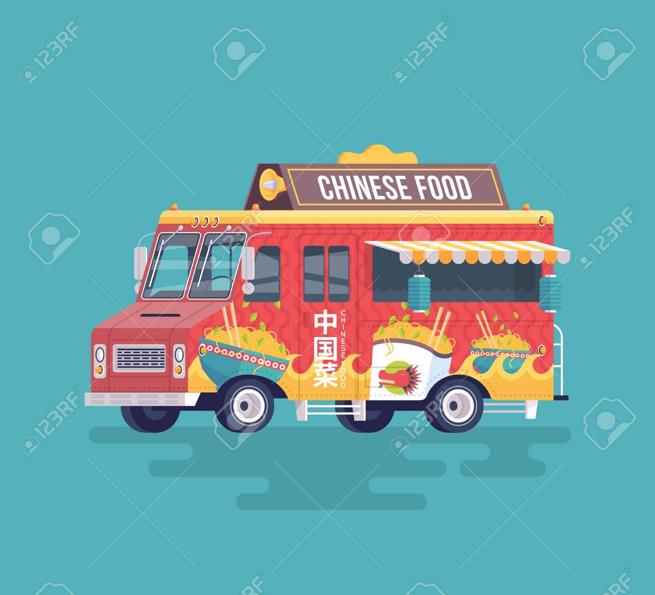 Vector Colorful Flat Chinese Food Truck Street Cuisine Cartoon