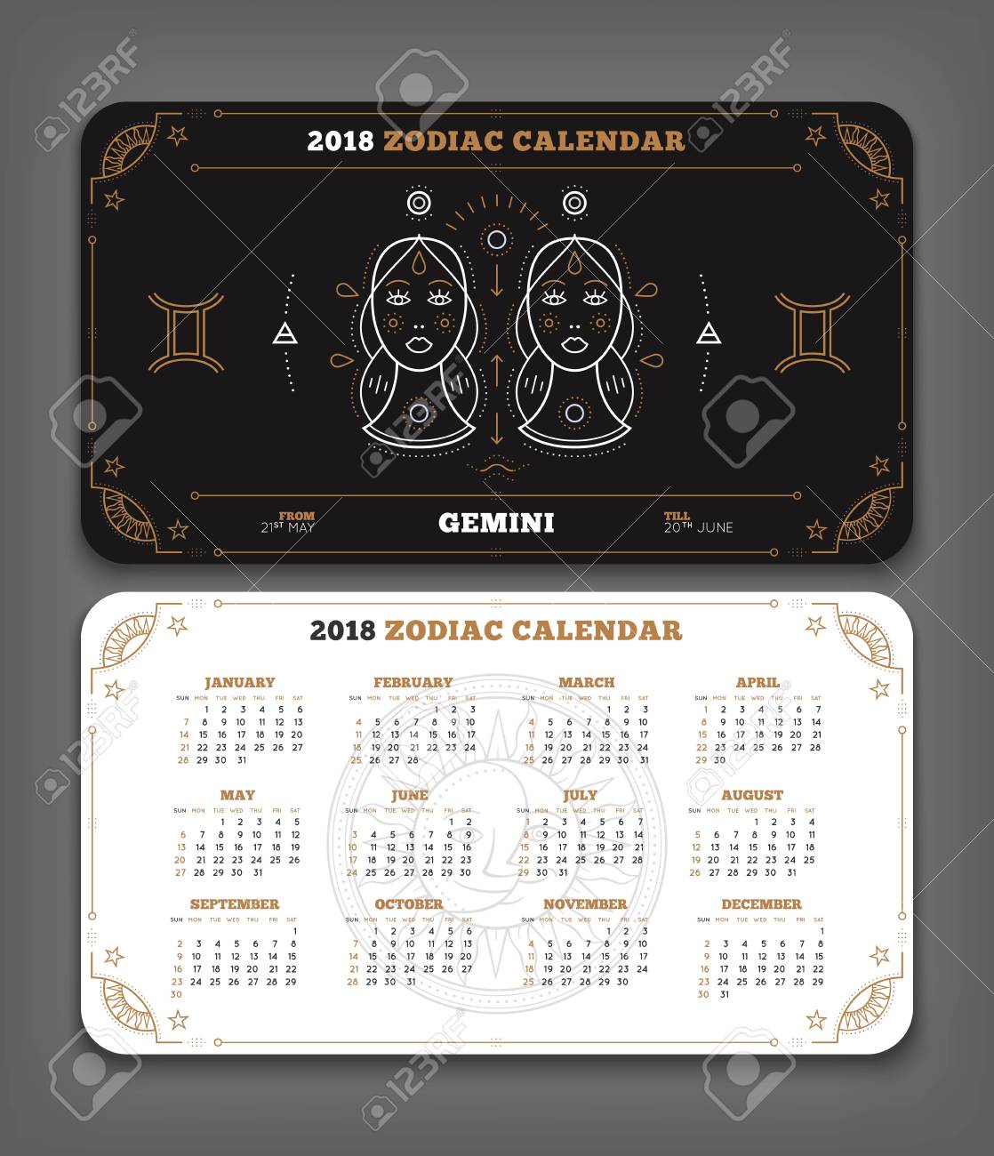 diseño horizontal del tamaño de bolsillo del calendario del zodiaco