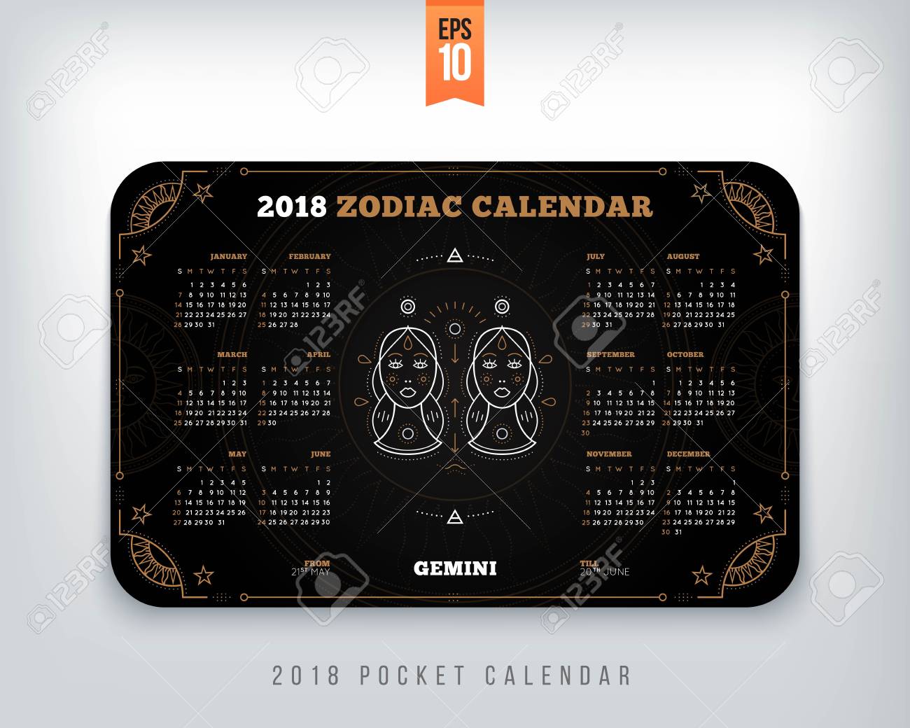 diseño horizontal del tamaño de bolsillo del calendario del zodiaco