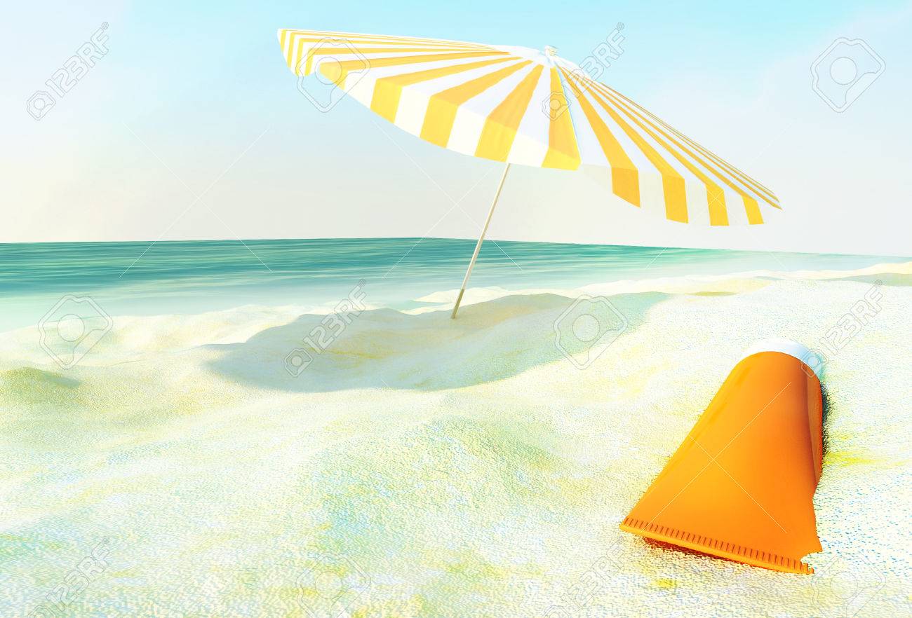Scène De Plage Avec Un écran Solaire Et Parasol Contre Locéan Fond