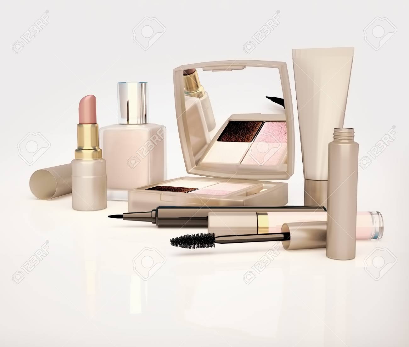 Maquillage Sur Fond Clair Mascara Rouge à Lèvres Crayon Fard à Paupières Anti Cernes Crème Située Sur Un Fond Gris Clair