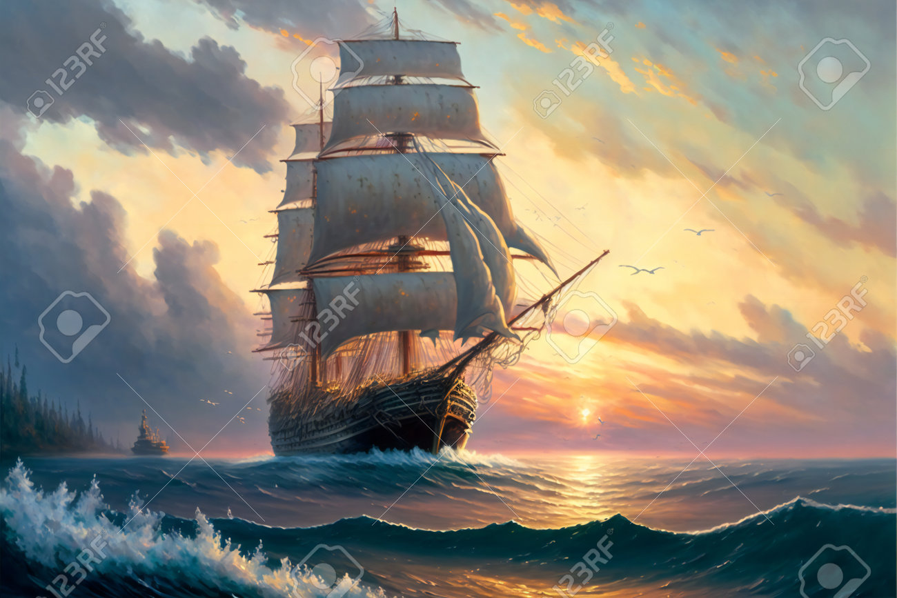 船と海の風景(油彩画)