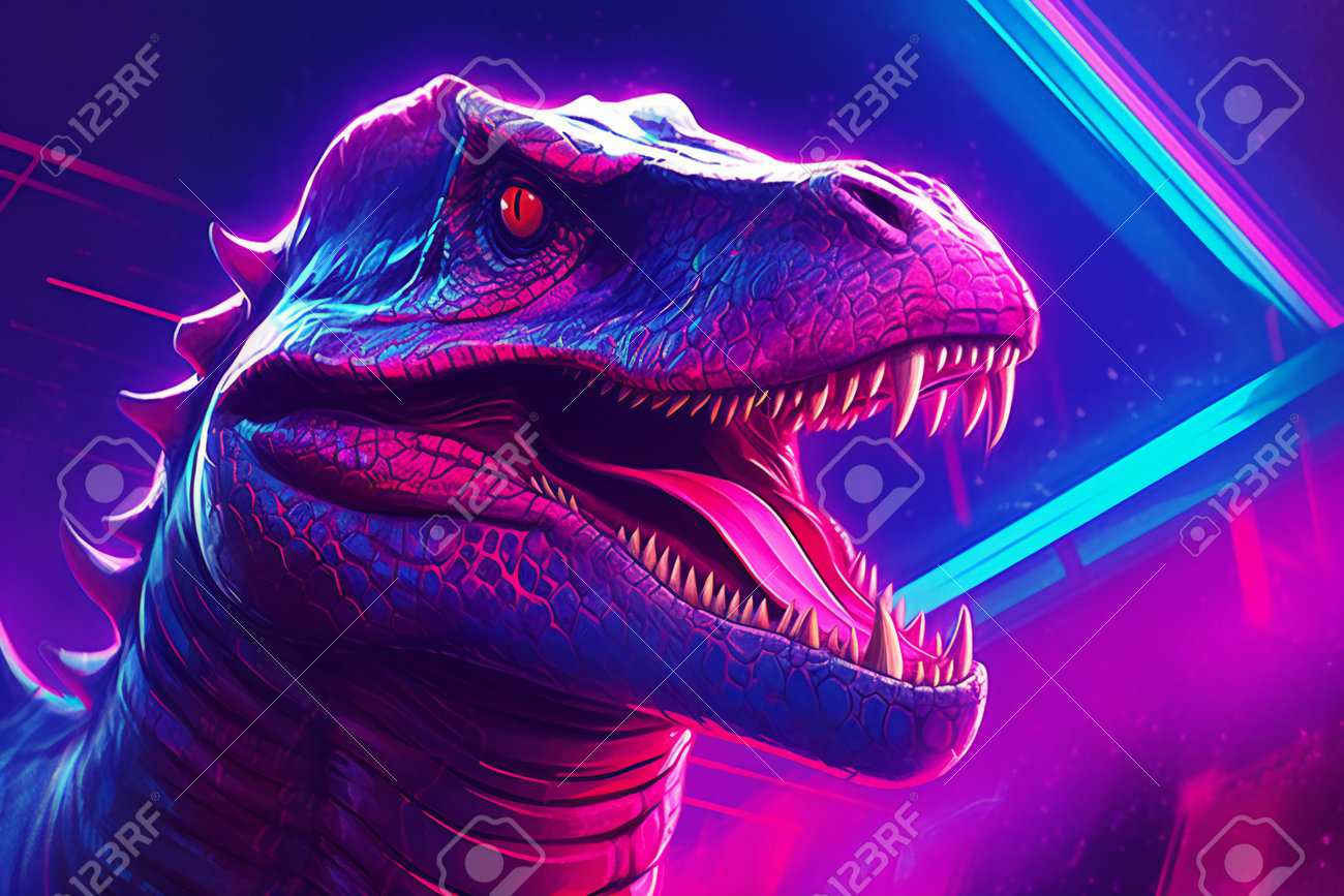 恐竜の頭 ネオンライトの恐竜の頭、ファンタジー動物のイラストの写真素材・画像
