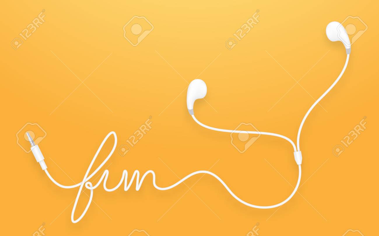 イヤホン インナーイヤー型白黄色のグラデーション背景がオレンジですが コピー領域に分離されたケーブルから作られた色と楽しいテキストのイラスト素材 ベクタ Image